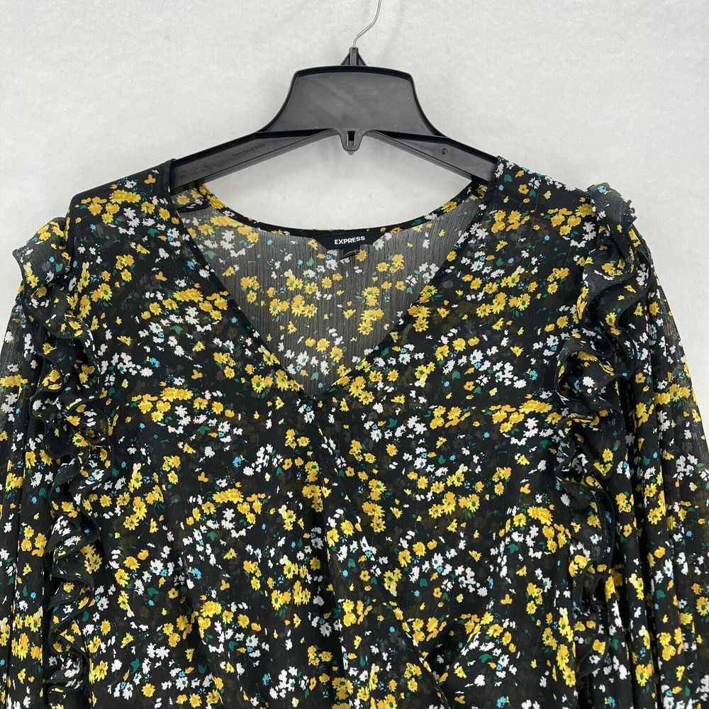 Express Women's Floral Wrap Blouse Large Black Yellow Bishop Sleeve Tie‎ Waist - Picture 2 of 13